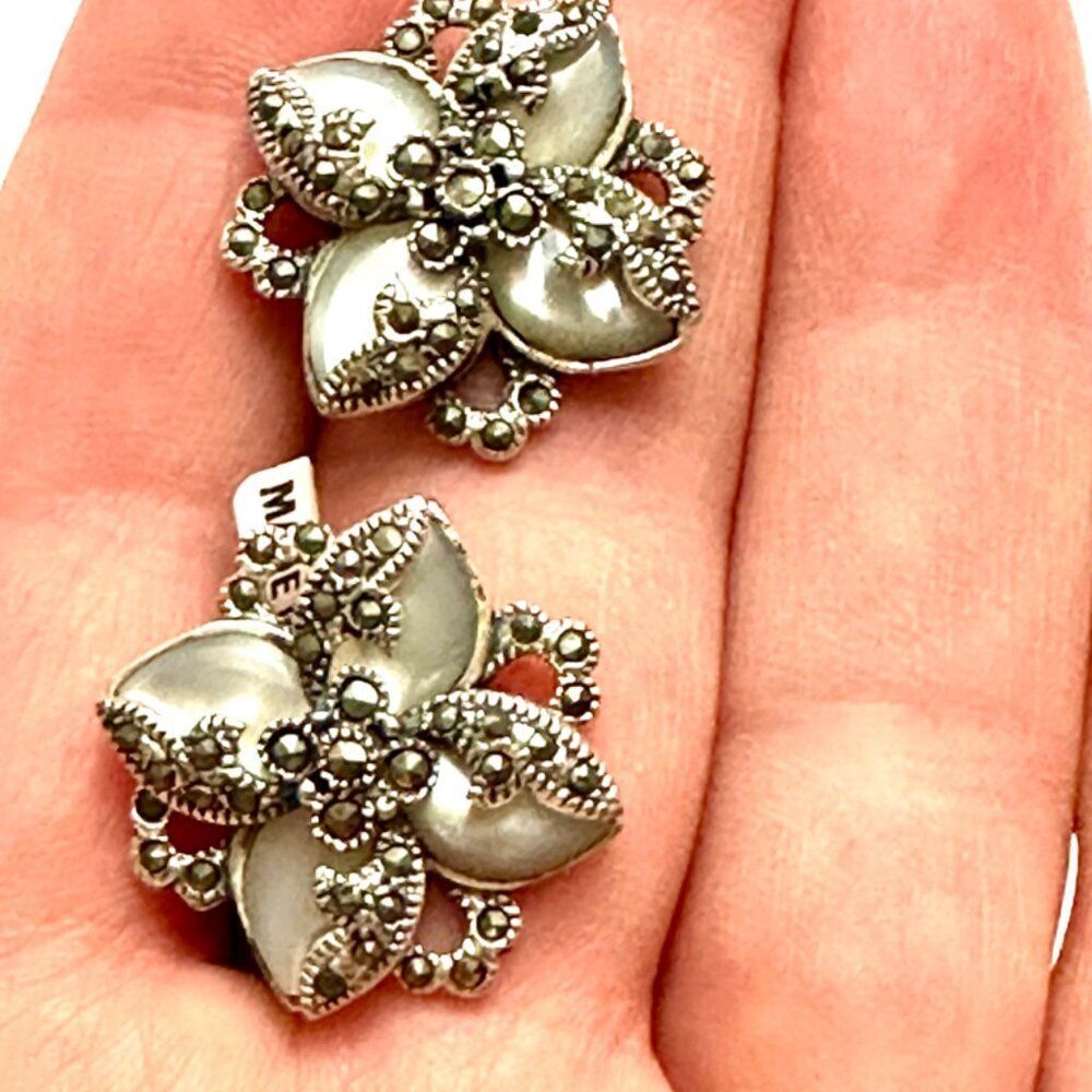 Sterling Silver 925 Mother of Pearl and Marcasite Earrings with Post